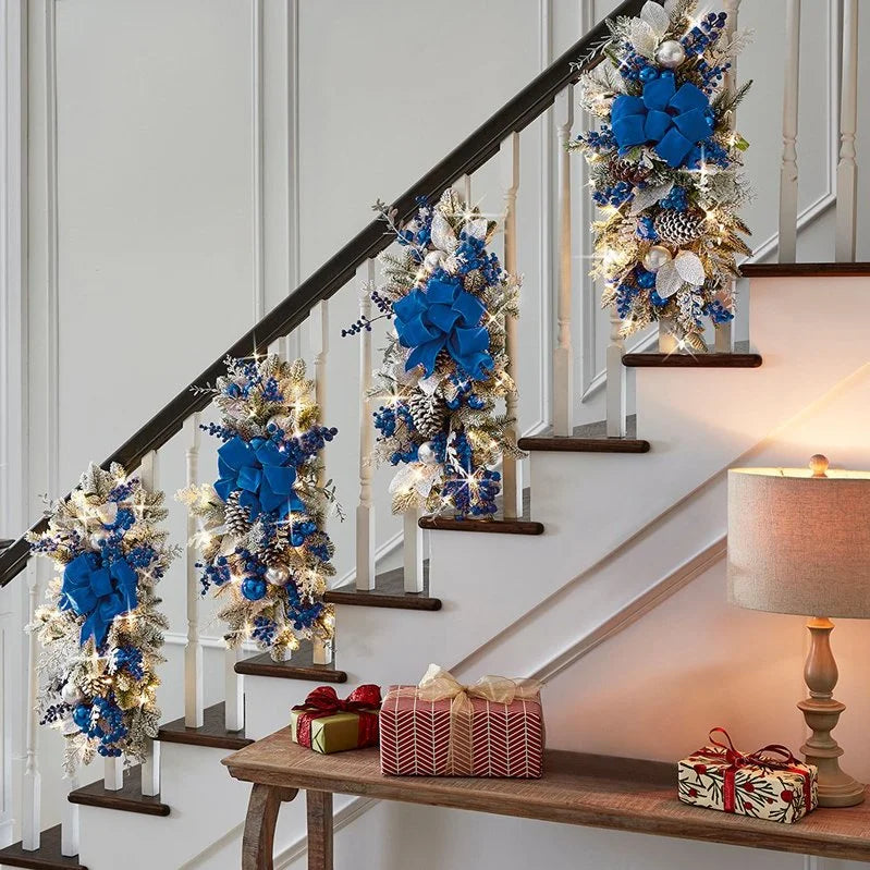 Cordless Prelit Stairway Swag: With 20 LEDs and 170 branch tips. 20" L x 8" Diam.