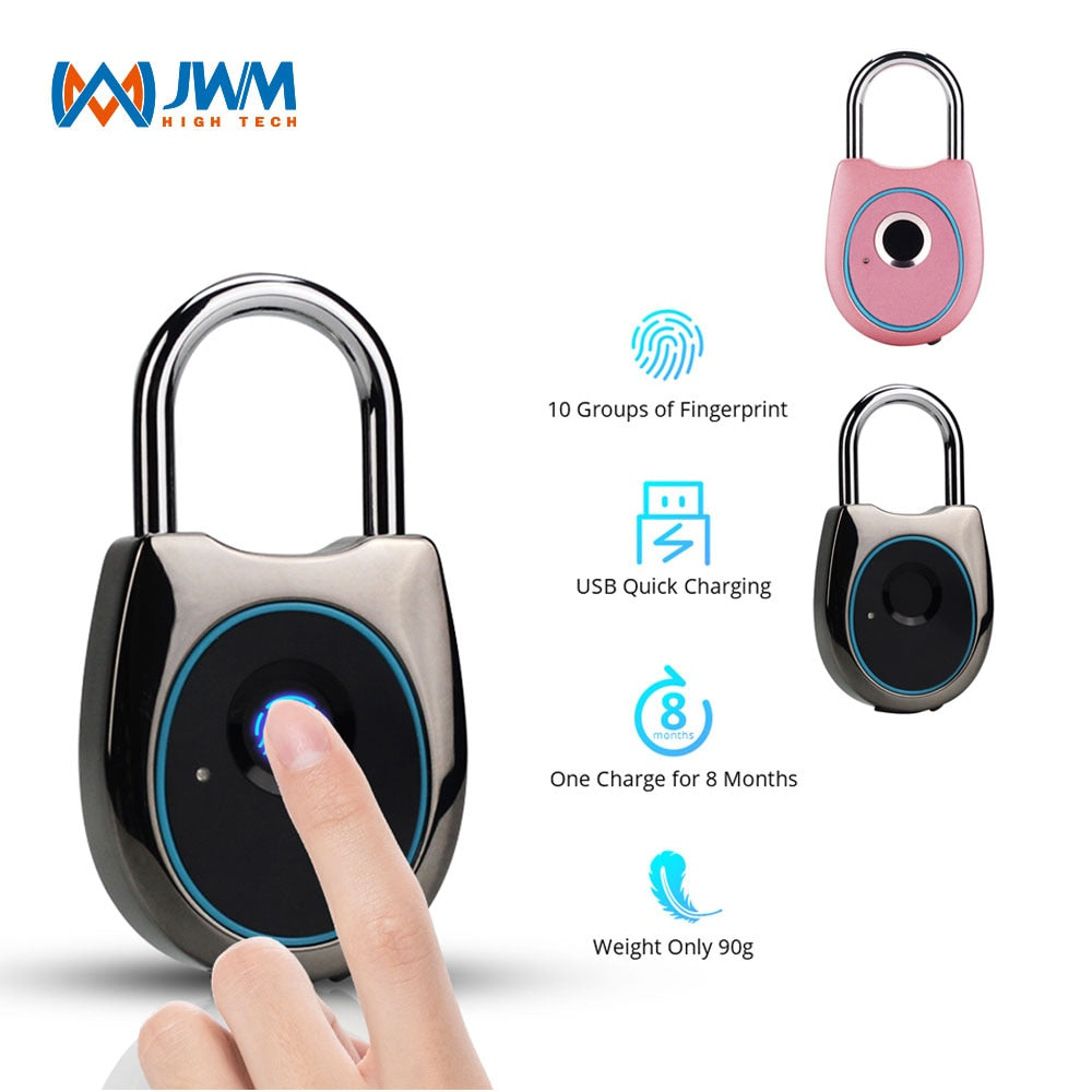 JWM Fingerprint Lock Smart Door Padlock lock Anti-Theft Keyless Electric Padlock Security USB Rechargeable Luggage Lock