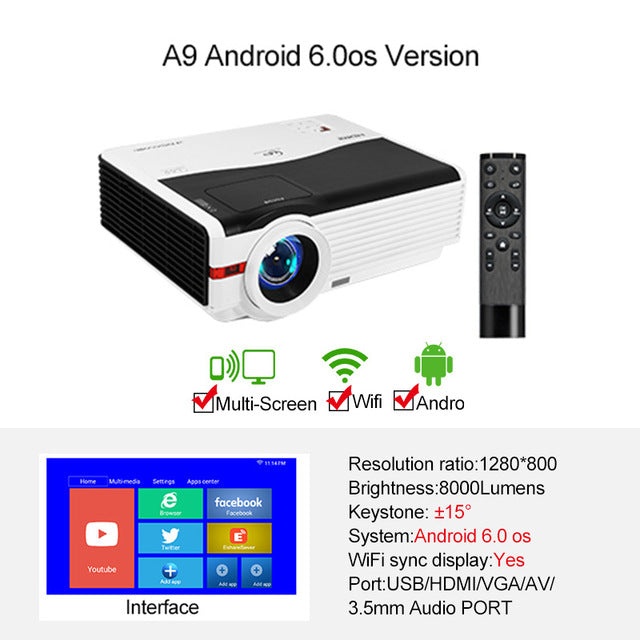 Caiwei A9/A9AB Smart Android 6.0 WiFi LED 1080p Projector Home Cinema 6500 Lumens Full HD Video Mobile Beamer For Smartphone TV