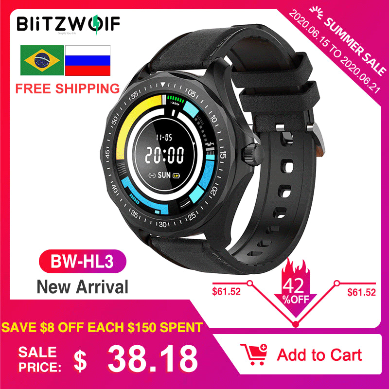 BlitzWolf BW-HL3 Full-touch Screen Heart Rate Blood Pressure Monitor GPS Runing Track Bluetooth Smart Watch For Android IOS