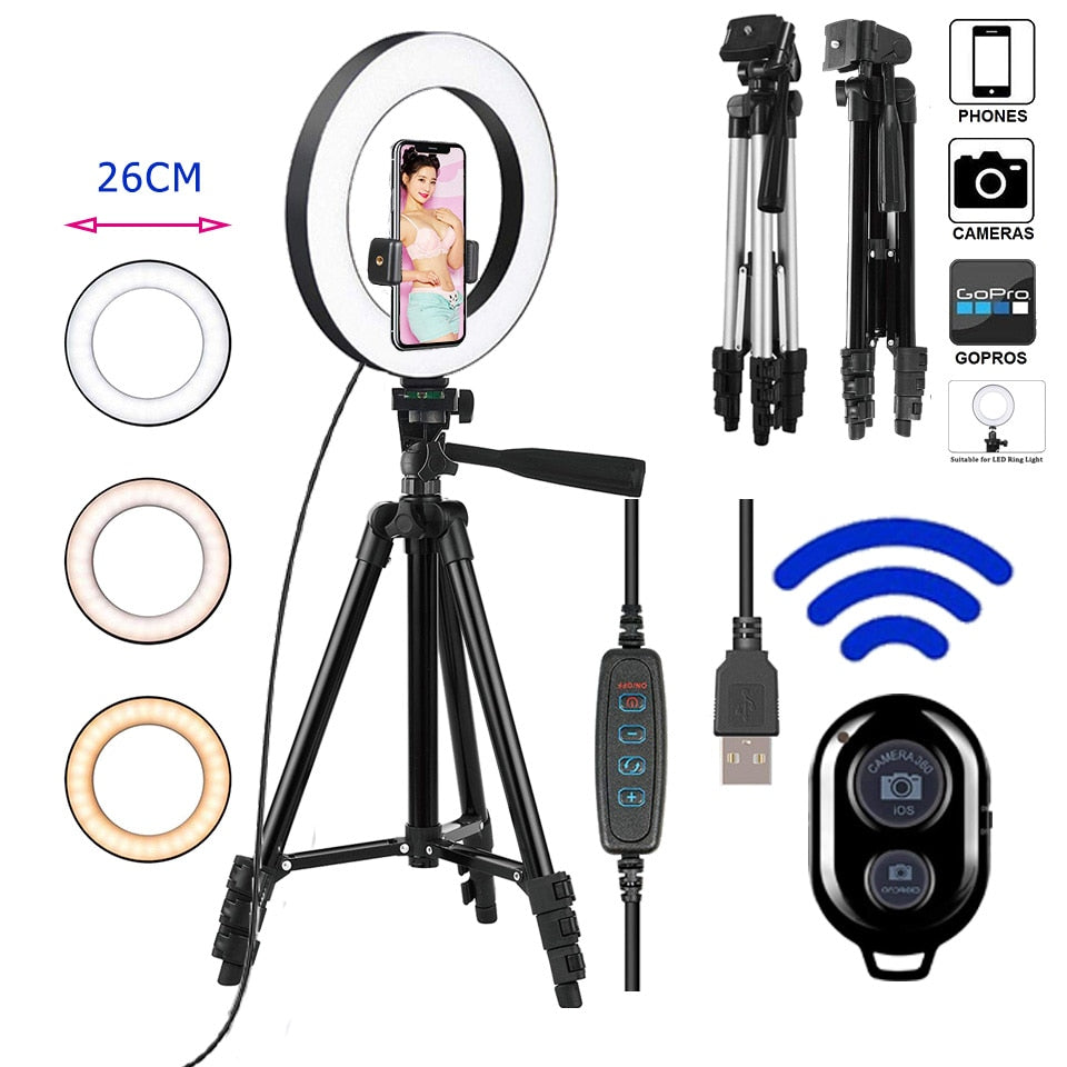 26cm Photo Ringlight Led Selfie Ring Light Phone Bluetooth Remote Lamp Photography Lighting Tripod Holder Youtube Video