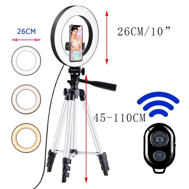 26cm Photo Ringlight Led Selfie Ring Light Phone Bluetooth Remote Lamp Photography Lighting Tripod Holder Youtube Video