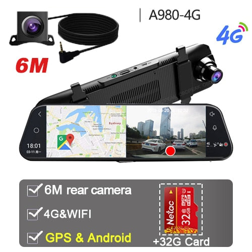 Dual 1080P 4G Android 8.1 10 Inch Stream Media Car Rearview Mirror Bluetooth Camera Car Dvr ADAS Super Night WiFi GPS Dash Cam