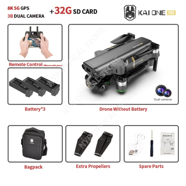 NYR 2021 New KAI ONE Pro Drone 8k HD Mechanical 3-Axis Gimbal Dual Camera 5G Wifi GPS Professional Aerial Photography Quadcopter