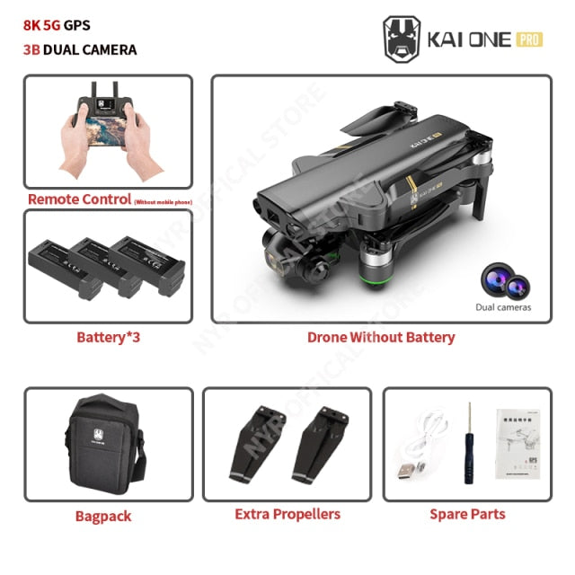 NYR 2021 New KAI ONE Pro Drone 8k HD Mechanical 3-Axis Gimbal Dual Camera 5G Wifi GPS Professional Aerial Photography Quadcopter