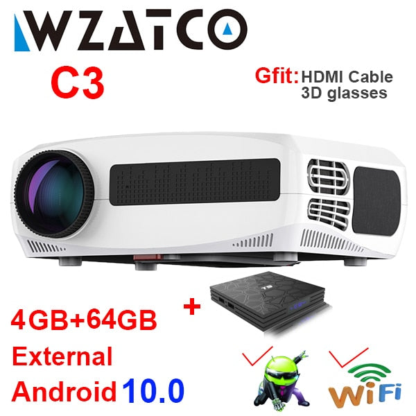 WZATCO C3 4D Keystone LED Projector 4K Android 10.0 WIFI 1920*1080P Proyector Home Theater 3D Media Video player Game Beamer