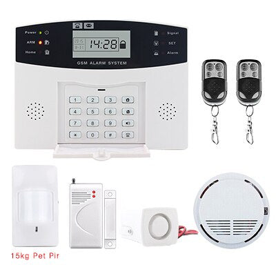 LCD Display Wireless GSM Alarm System Russian and English Spanish French voice SMS and Smoke Sensor Home Security Alarm System