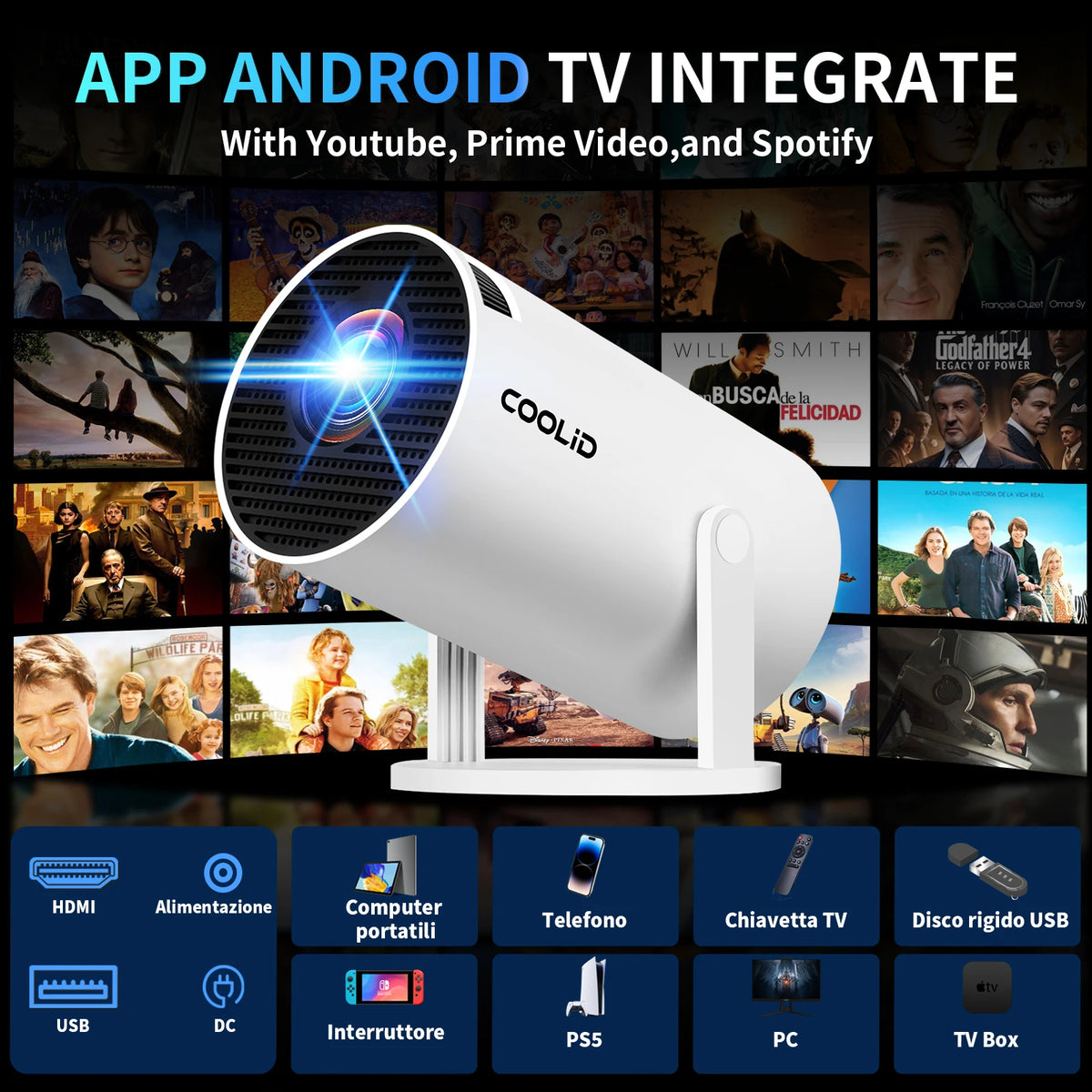 COOLID Mini Projector, Support 4K 1080P Portable Video Projector with Bidirectional WIFI6 BT5.4, Compatible with HDMI/USB/Phone