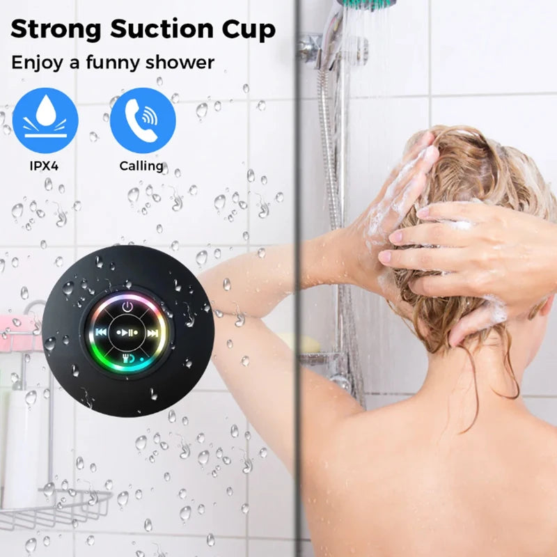 Bluetooth Shower Speaker with LED – Portable Wireless Mini Speaker with Mic Suction Cup IPX4 Water Resistant for Shower Travel
