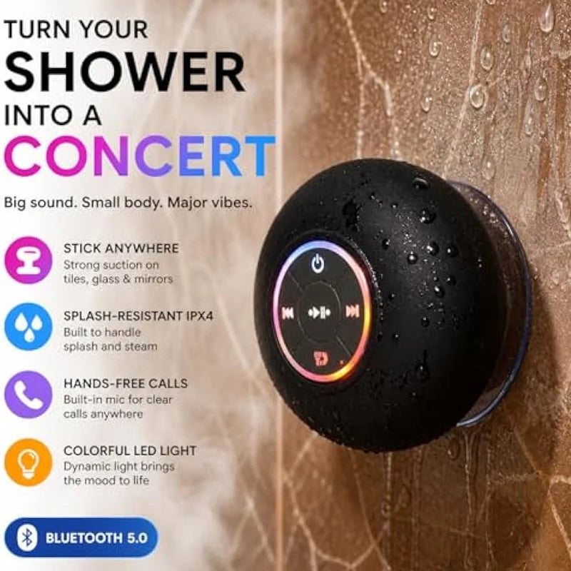 Bluetooth Shower Speaker with LED – Portable Wireless Mini Speaker with Mic Suction Cup IPX4 Water Resistant for Shower Travel