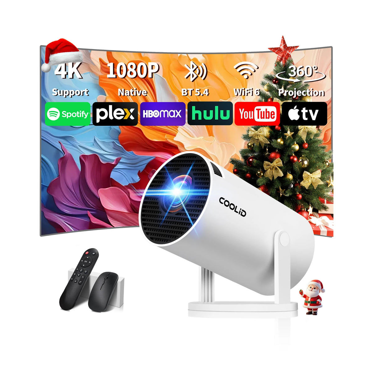COOLID Mini Projector, Support 4K 1080P Portable Video Projector with Bidirectional WIFI6 BT5.4, Compatible with HDMI/USB/Phone