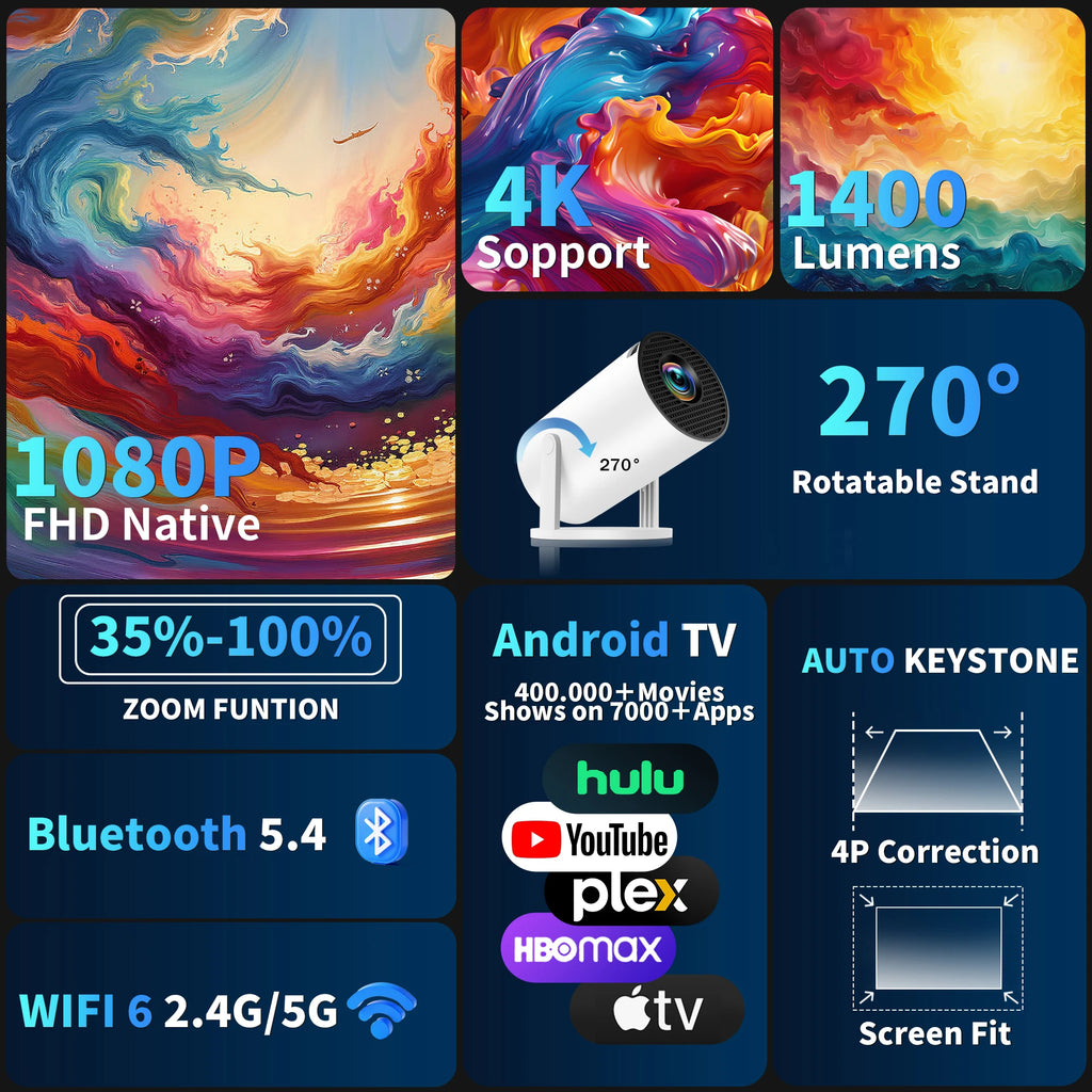 COOLID Mini Projector, Support 4K 1080P Portable Video Projector with Bidirectional WIFI6 BT5.4, Compatible with HDMI/USB/Phone