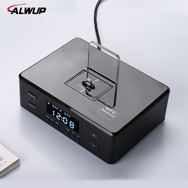 ALWUP Bluetooth Speakers Support Alarm Clock NFC FM Radio Type-C Micro Charger Dock Phone Station Speaker for iPhone 6 7 8 Plus