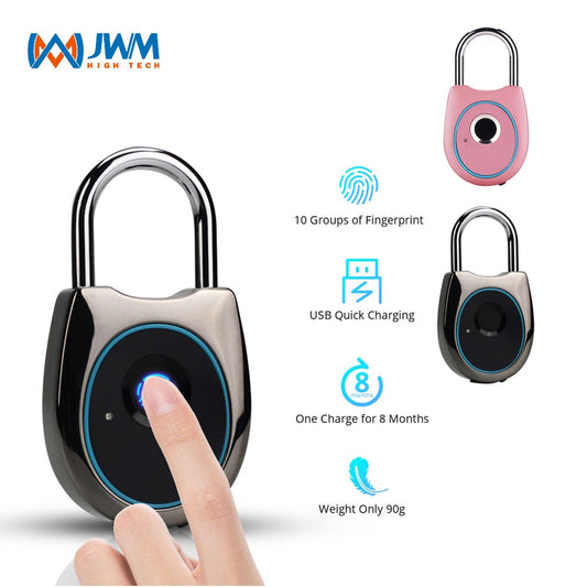 JWM Fingerprint Lock Smart Door Padlock lock Anti-Theft Keyless Electric Padlock Security USB Rechargeable Luggage Lock