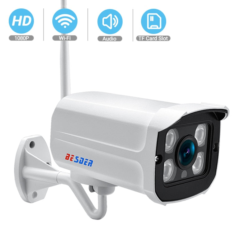 BESDER Audio Wifi Camera 1080P ONVIF Wireless Alarm Push iCsee P2P 2MP CCTV Bullet Outdoor IP Camera With SD Card Slot Max 64GB
