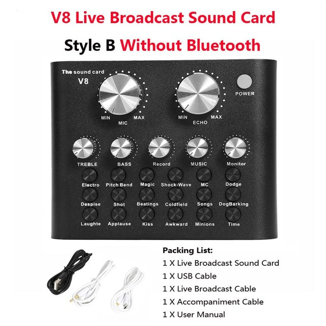 V8 Bluetooth Audio USB Headset Microphone Webcast Live Sound Card 112 kinds of electric sound Broadcast for Phone Computer PC