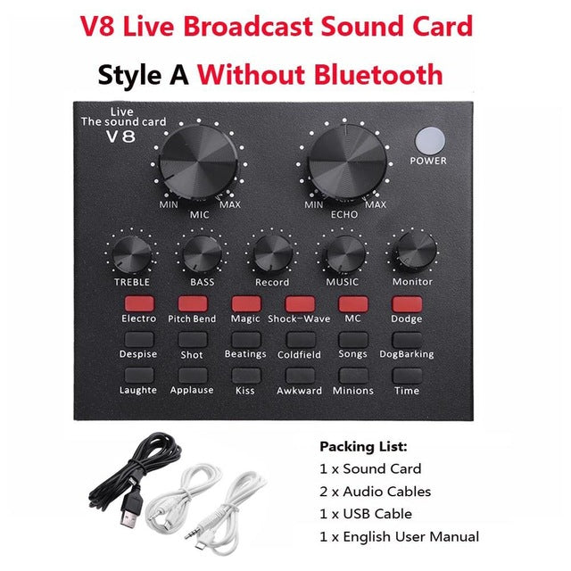 V8 Bluetooth Audio USB Headset Microphone Webcast Live Sound Card 112 kinds of electric sound Broadcast for Phone Computer PC