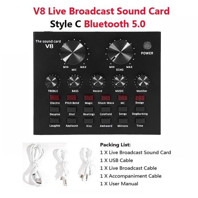 V8 Bluetooth Audio USB Headset Microphone Webcast Live Sound Card 112 kinds of electric sound Broadcast for Phone Computer PC