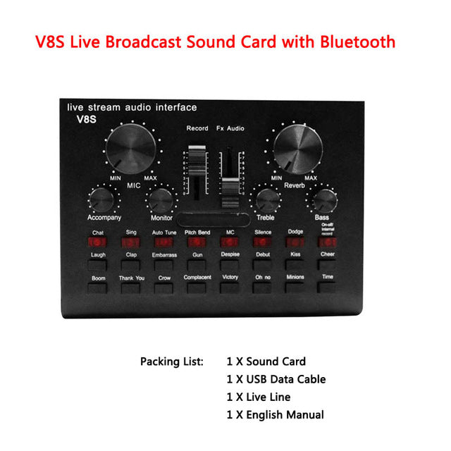 V8 Bluetooth Audio USB Headset Microphone Webcast Live Sound Card 112 kinds of electric sound Broadcast for Phone Computer PC