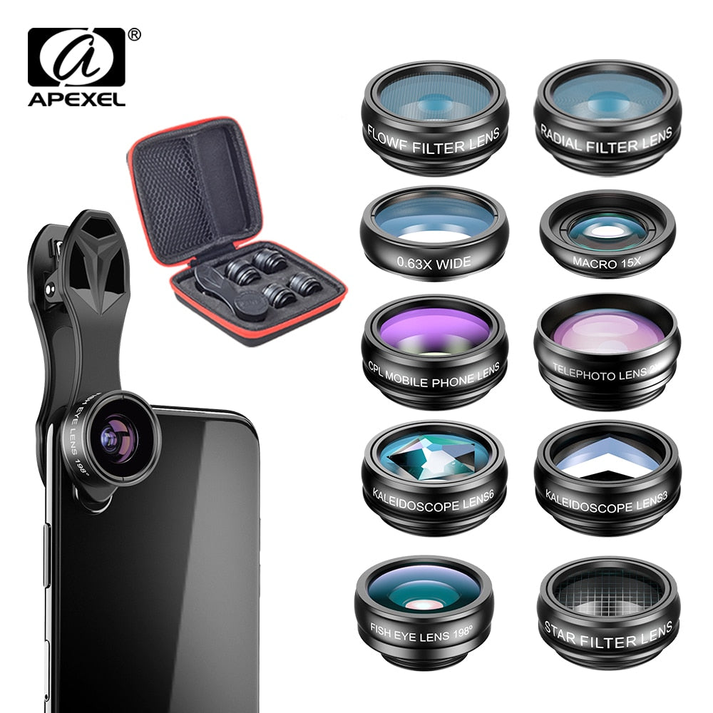 APEXEL 10 in 1 Phone camera Lens Kit Fisheye Wide Angle macro Lens CPL Filter Kaleidoscope and 2X telescope Lens for smartphone