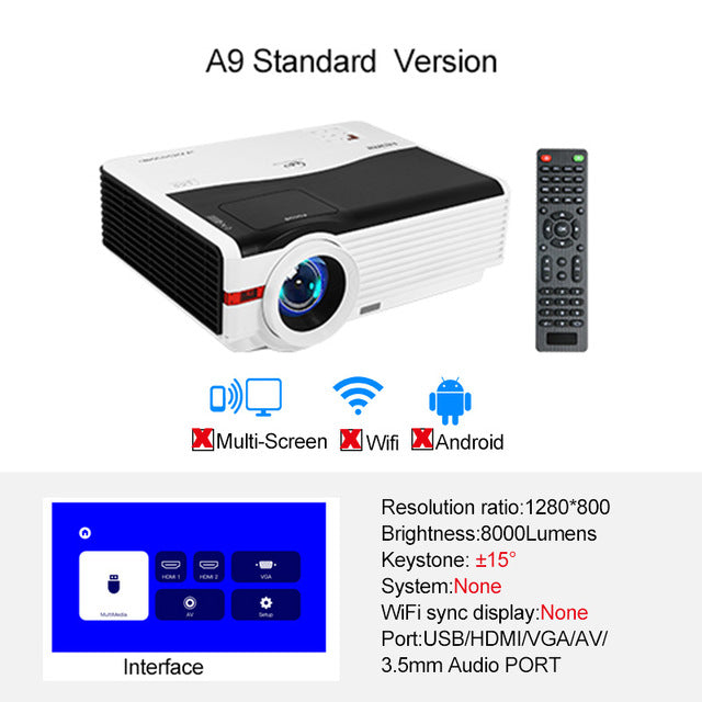 Caiwei A9/A9AB Smart Android 6.0 WiFi LED 1080p Projector Home Cinema 6500 Lumens Full HD Video Mobile Beamer For Smartphone TV