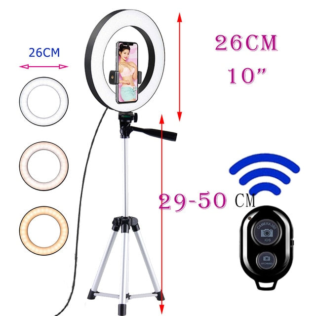 26cm Photo Ringlight Led Selfie Ring Light Phone Bluetooth Remote Lamp Photography Lighting Tripod Holder Youtube Video