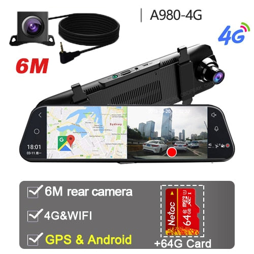 Dual 1080P 4G Android 8.1 10 Inch Stream Media Car Rearview Mirror Bluetooth Camera Car Dvr ADAS Super Night WiFi GPS Dash Cam