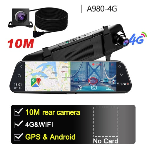 Dual 1080P 4G Android 8.1 10 Inch Stream Media Car Rearview Mirror Bluetooth Camera Car Dvr ADAS Super Night WiFi GPS Dash Cam