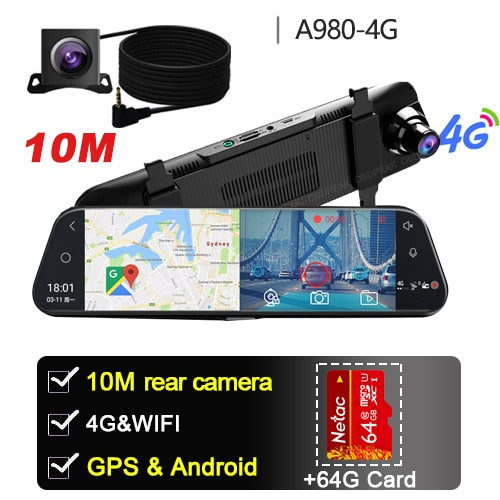 Dual 1080P 4G Android 8.1 10 Inch Stream Media Car Rearview Mirror Bluetooth Camera Car Dvr ADAS Super Night WiFi GPS Dash Cam