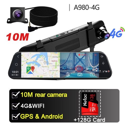 Dual 1080P 4G Android 8.1 10 Inch Stream Media Car Rearview Mirror Bluetooth Camera Car Dvr ADAS Super Night WiFi GPS Dash Cam