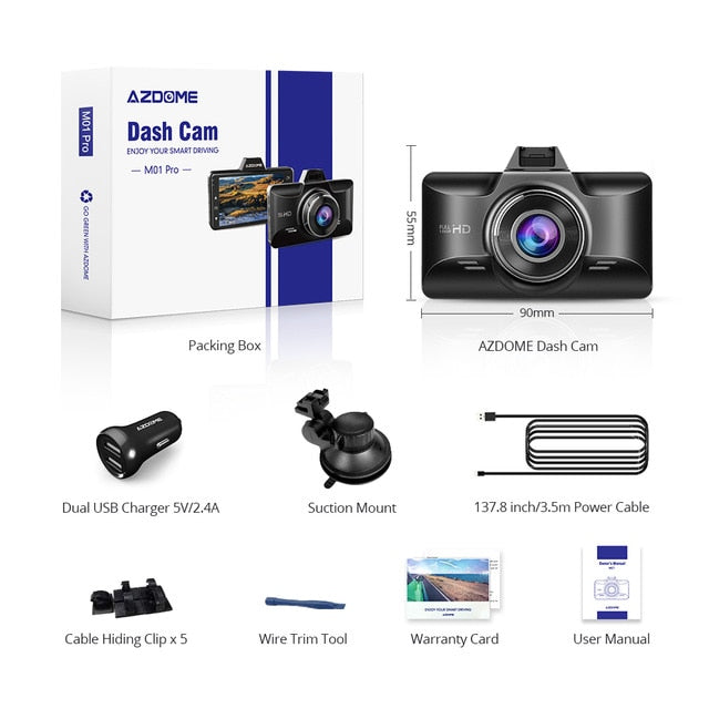 AZDOME M01 Pro FHD 1080P Dash Cam 3 Inch DVR Car Driving Recorder Night Vision, Park Monitor, G-Sensor, Loop Recording for Uber