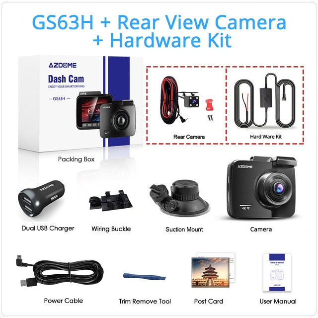 AZDOME GS63H Dash Cam Dual Lens 4K UHD Recording Car Camera DVR Night Vision WDR Built-In GPS Wi-Fi G-Sensor Motion Detection