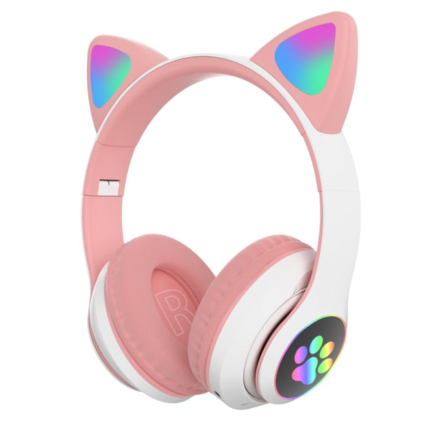 Flash Light Cute Cat Ears Wireless Headphones with Mic Can control LED Kid Girl Stereo Music Helmet Phone Bluetooth Headset Gift