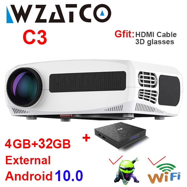 WZATCO C3 4D Keystone LED Projector 4K Android 10.0 WIFI 1920*1080P Proyector Home Theater 3D Media Video player Game Beamer
