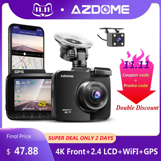 AZDOME GS63H Dash Cam Dual Lens 4K UHD Recording Car Camera DVR Night Vision WDR Built-In GPS Wi-Fi G-Sensor Motion Detection