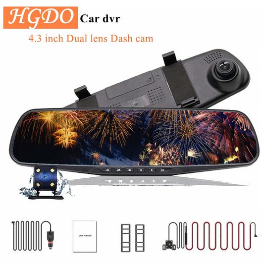 HGDO 4.3''Car DVR Dual Lens Car Camera Full HD 1080P Video Recorder Rearview Mirror With Rear view DVR Dash cam